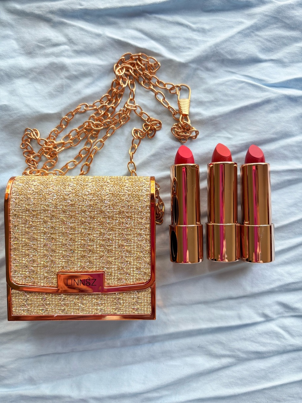 Gold Glitter Chain Crossbody small cosmetic Bag three tubes of lipstick included - Picture 6 of 10